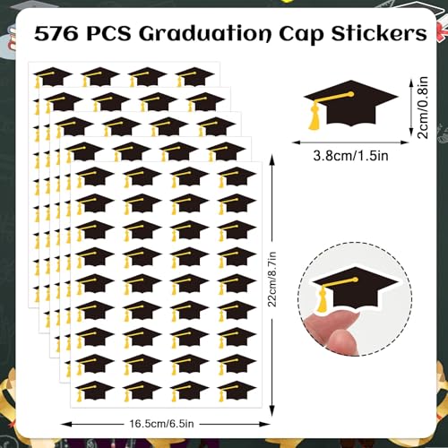 JULMELON 576 PCS Graduation Cap Stickers Black Gold Graduation Hat Stickers Envelopes Sealing Labels Grad Cap Stickers for Water Bottles Class of 2026 College High School Graduation Party Supplies - Image 5