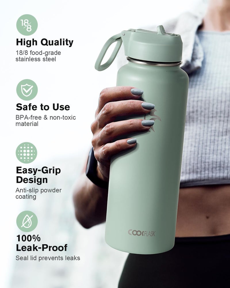 Coolflask Water Bottle Insulated with Straw & 3 Lids, Large Metal Stainless Steel Wide Mouth Water Jug, BPA-Free Keep Cold 48H Hot 24H, 1.2 Liters, Grey Green - Image 3