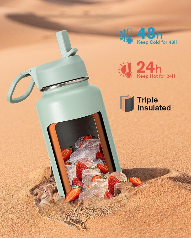 Coolflask Water Bottle Insulated with Straw & 3 Lids, Large Metal Stainless Steel Wide Mouth Water Jug, BPA-Free Keep Cold 48H Hot 24H, 1.2 Liters, Grey Green - Image 2