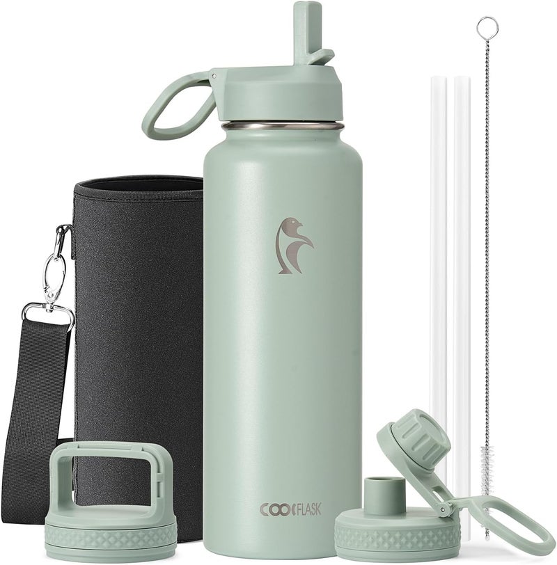 Coolflask Water Bottle Insulated with Straw & 3 Lids, Large Metal Stainless Steel Wide Mouth Water Jug, BPA-Free Keep Cold 48H Hot 24H, 1.2 Liters, Grey Green - Image 1