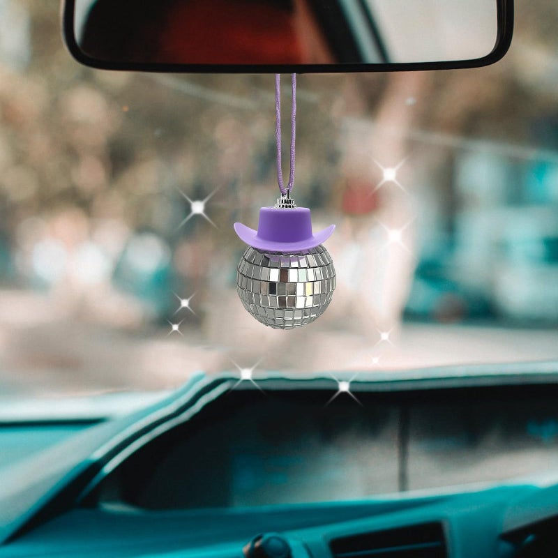 spansee Purple Disco Ball with Cowboy Hat Car Charm Rear View Mirror Accessory