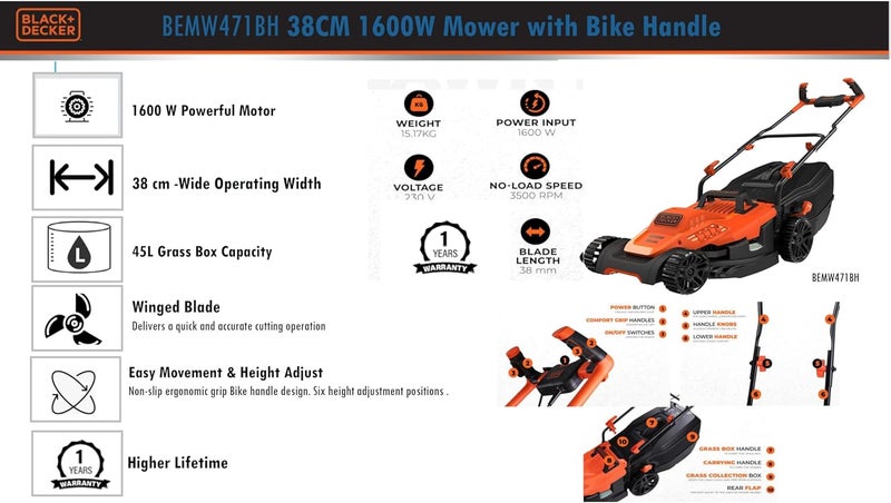 بلاك اند ديكر BLACK+DECKER 1600W 38 سم جزازة العشب بمقود الدراجة للحديقة والحديقة، برتقالي/أسود - BEMW471BH-GB، - Image 2