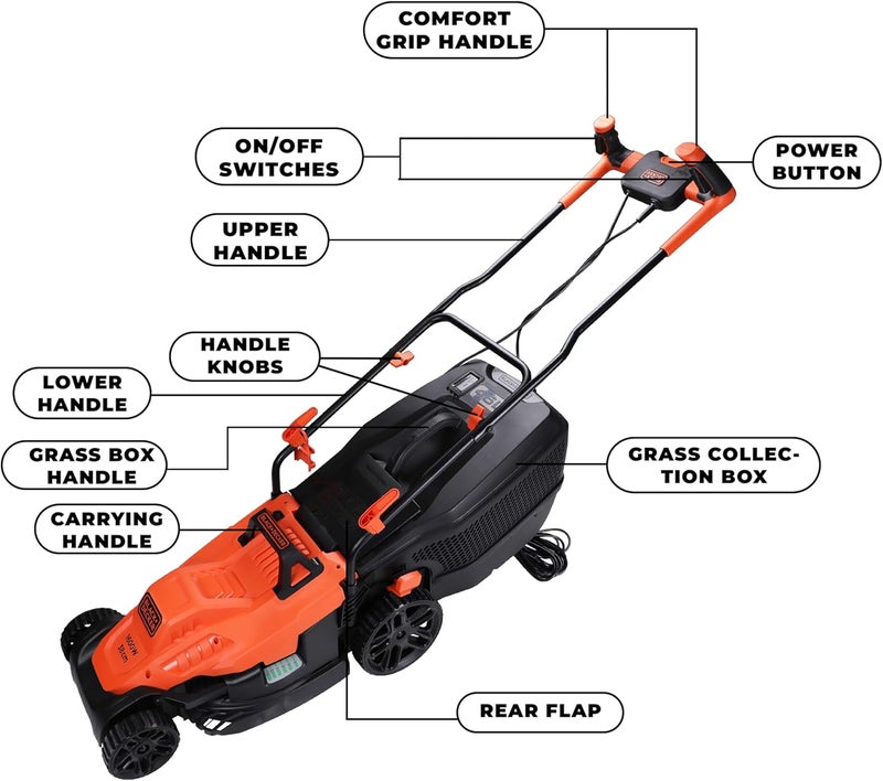 بلاك اند ديكر BLACK+DECKER 1600W 38 سم جزازة العشب بمقود الدراجة للحديقة والحديقة، برتقالي/أسود - BEMW471BH-GB، - Image 4