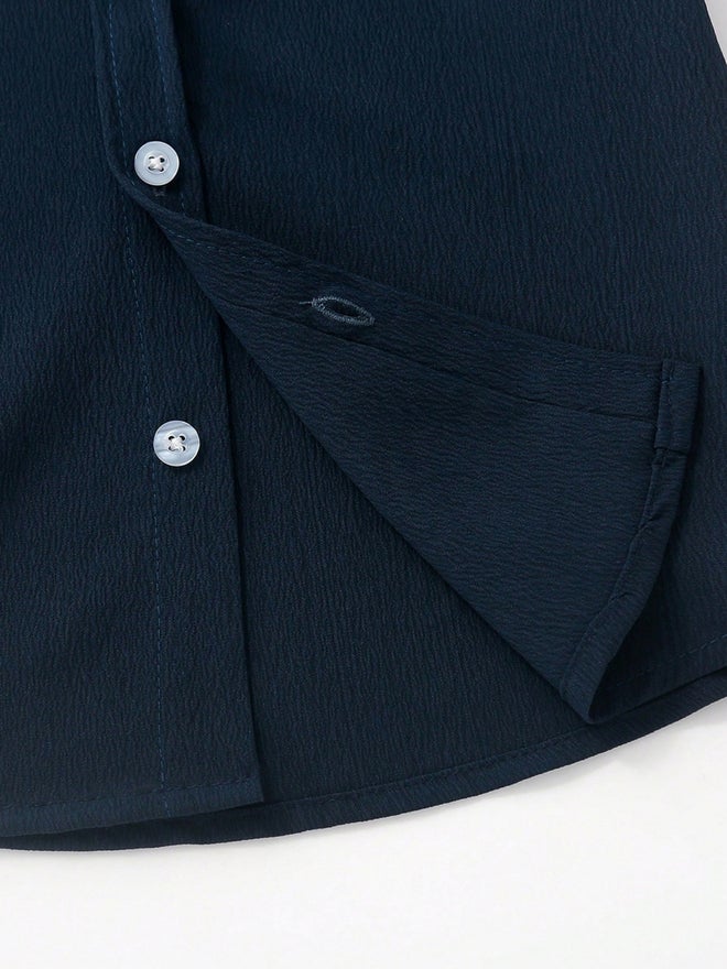Take Two Navy Blue Textured Short Sleeve Shirt - Image 5
