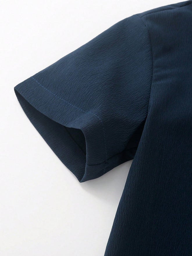 Take Two Navy Blue Textured Short Sleeve Shirt - Image 4
