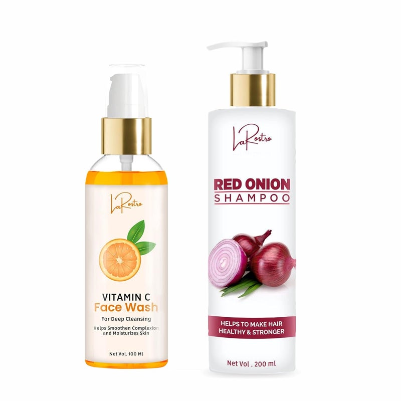 La Rostro Combo of Vitamin C Face Wash For Acne And Pimple 2 Piece 100ml And Red Onion Shampoo For Anti Hair Fall Anti Dandruff 200ml - Image 1