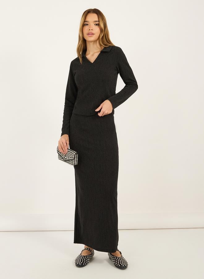 Styli Glitter Look Stretch Fitted Knit Top & Bodycon Maxi Skirt Co-Ords  - Image 1