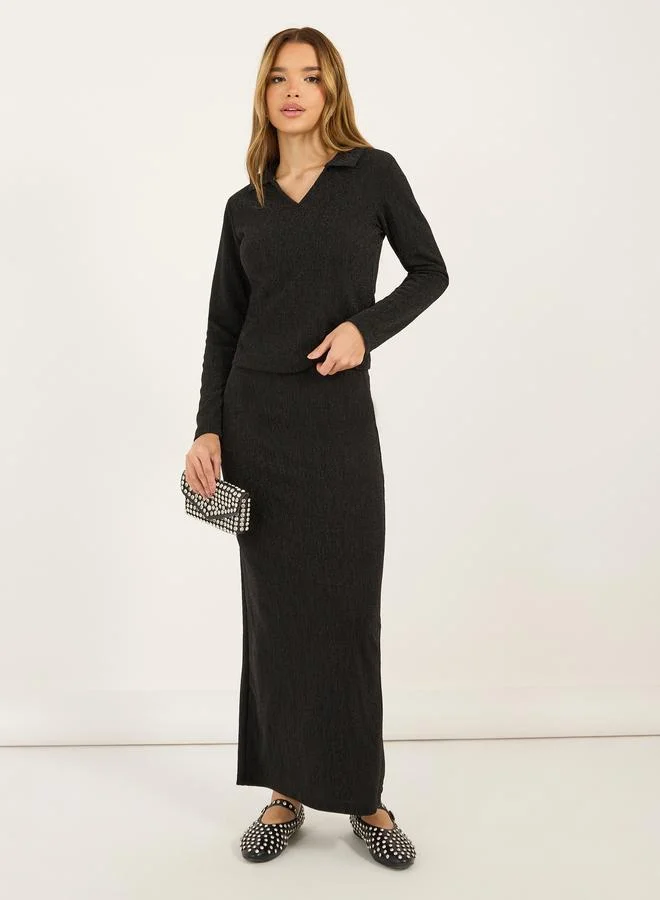 ستايلي طقم منسق من تنورة طويلة وبلوزة مُجسمة بتفاصيل محبوكة