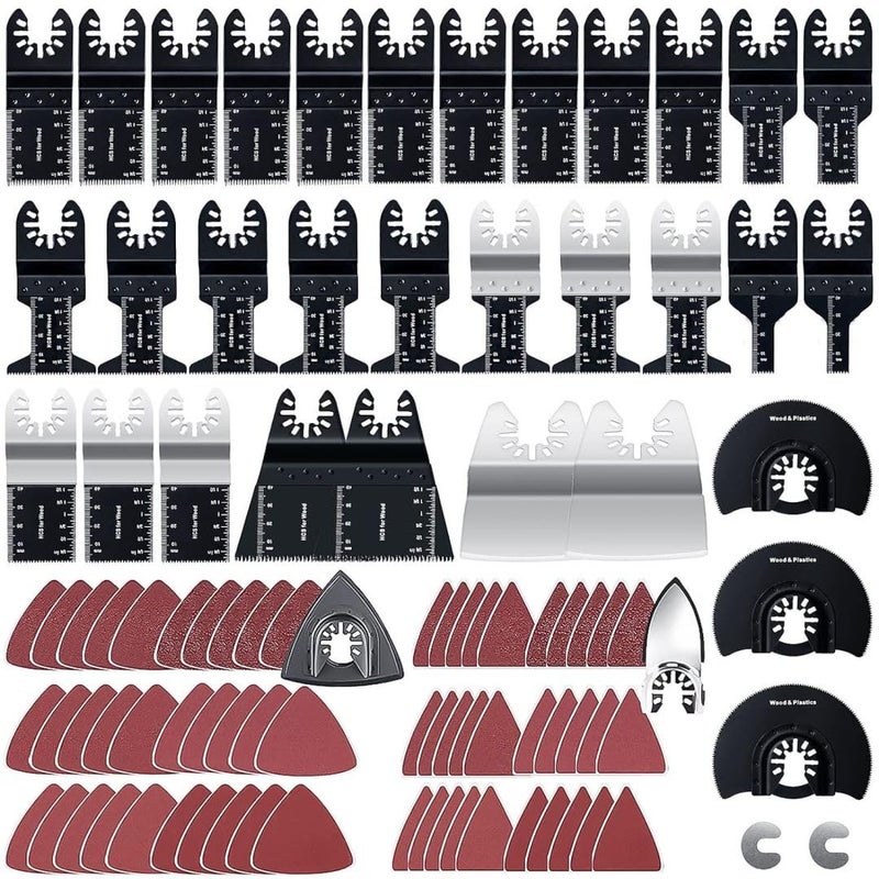 CONNOO 96 Pack Oscillating Saw Blades, CONNOO Oscillating Tool Blades Accessories with Sandpaper, Multitool Bi-Metal Blades for Wood Metal Plastics Quick Release Blades for Oscillating Tools - Image 1
