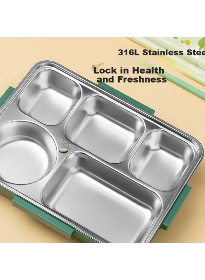 Tafuco Student Lunch Box 316l Stainless Steel Five-grid Separation Heat-resistant Children's Five-grid Meal Plate With Cutlery T5325 Pink - Image 4