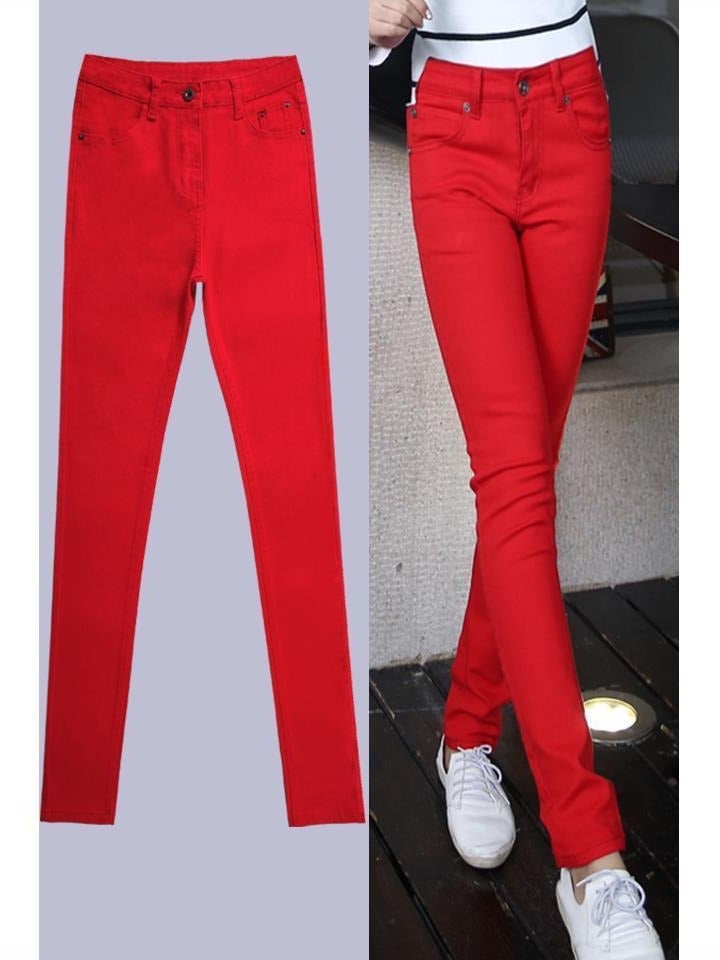 2024 Plus Velvet Big Red Jeans Women'S High Waist Trousers Small Feet Women'S Stretch Slimming Pencil Pants - Image 2