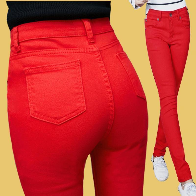 2024 Plus Velvet Big Red Jeans Women'S High Waist Trousers Small Feet Women'S Stretch Slimming Pencil Pants - Image 1