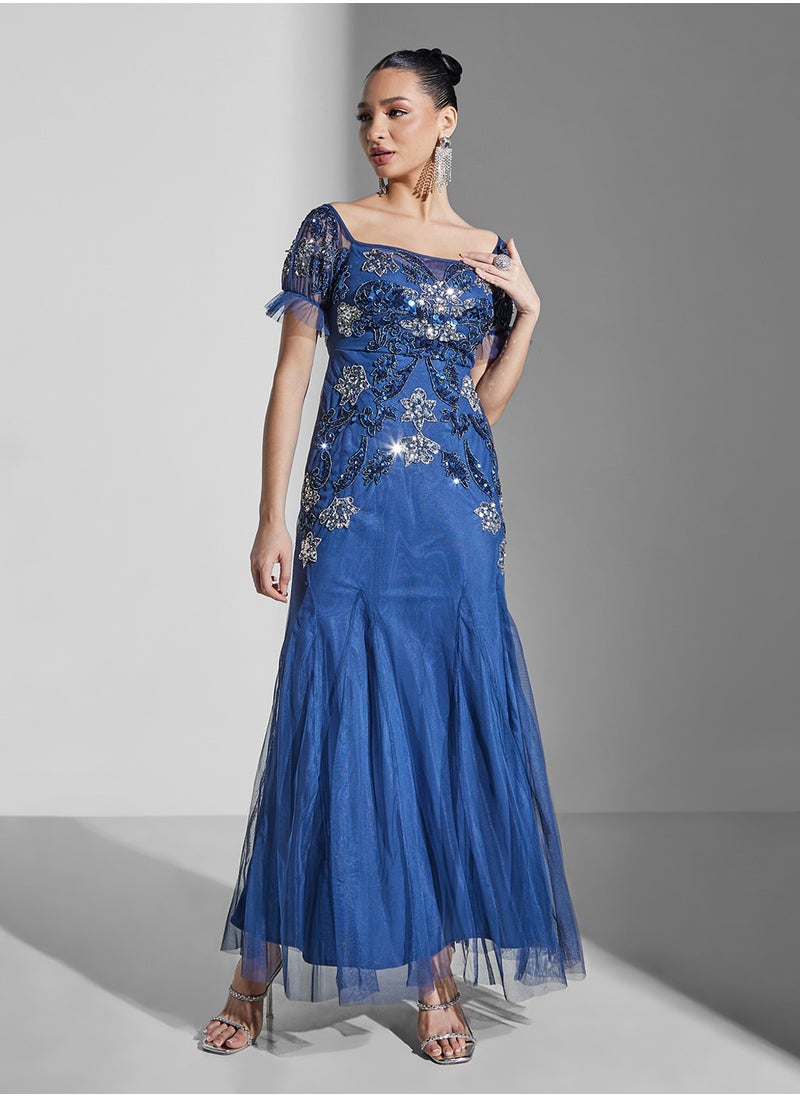 Maya Floral Embellished Bardot Puff Sleeve Dress  - Image 1