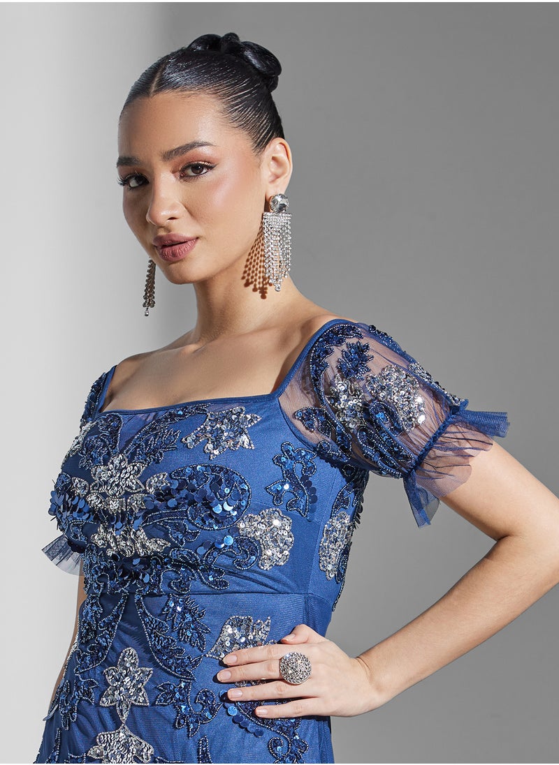 Maya Floral Embellished Bardot Puff Sleeve Dress  - Image 3
