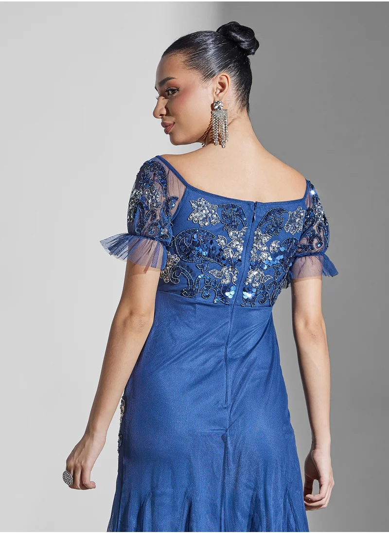 Maya Floral Embellished Bardot Puff Sleeve Dress
