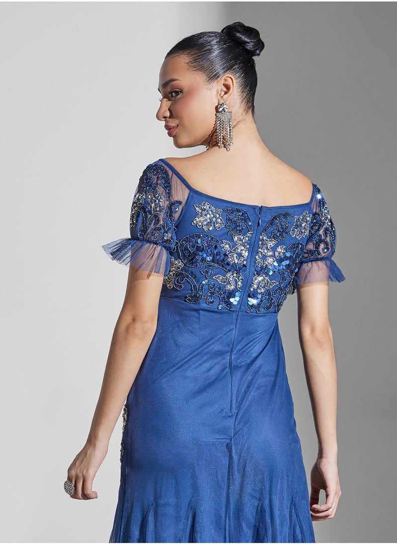 Maya Floral Embellished Bardot Puff Sleeve Dress  - Image 4