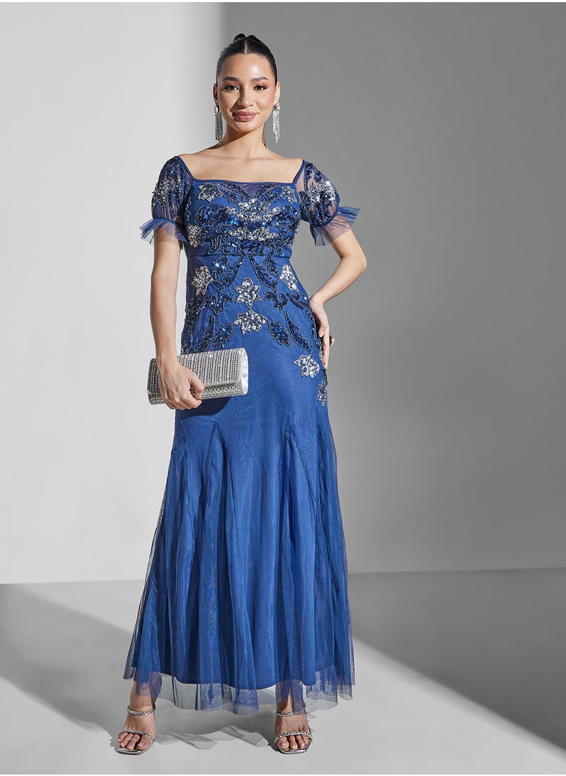 Maya Floral Embellished Bardot Puff Sleeve Dress  - Image 5