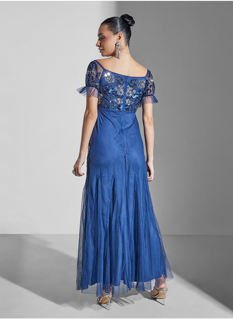 Maya Floral Embellished Bardot Puff Sleeve Dress  - Image 2