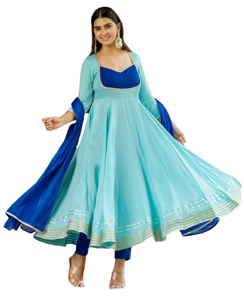 GoSriKi Women's Rayon Viscose Solid Anarkali Kurta with Pant & Dupatta (KUSPARI Blue-GS_XL_Blue_X-Large) - Image 1