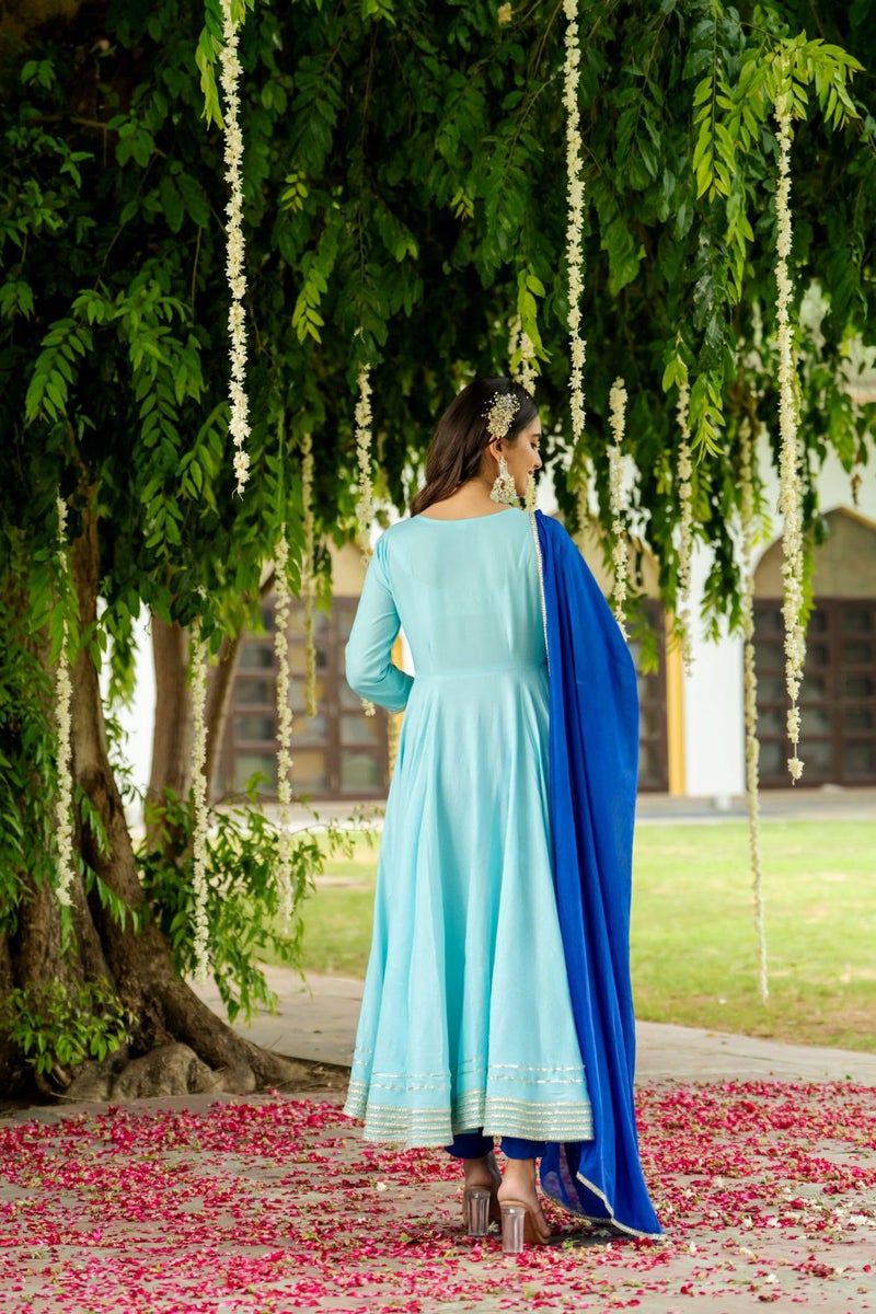 GoSriKi Women's Rayon Viscose Solid Anarkali Kurta with Pant & Dupatta (KUSPARI Blue-GS_XL_Blue_X-Large) - Image 2