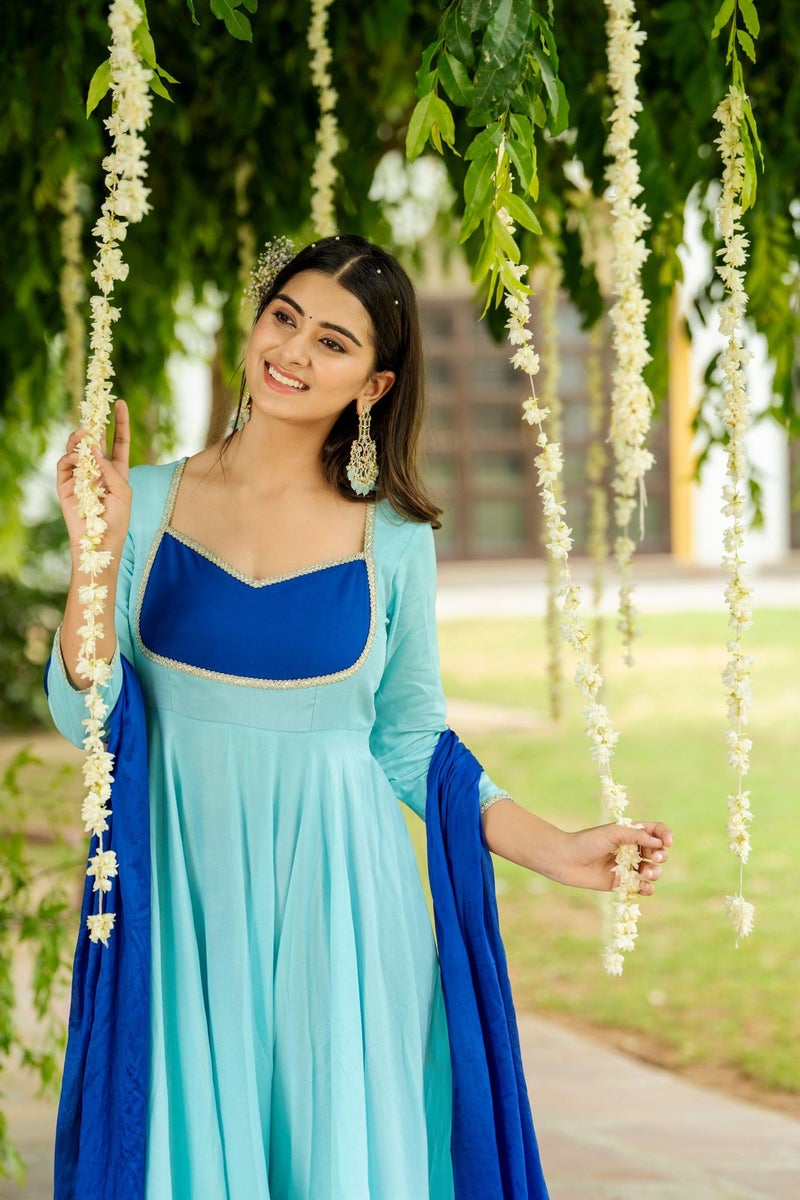 GoSriKi Women's Rayon Viscose Solid Anarkali Kurta with Pant & Dupatta (KUSPARI Blue-GS_XL_Blue_X-Large) - Image 5