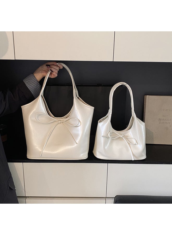 Korean Style Vegetable Basket Tote Bag Women 2025 Spring And Summer Large Capacity Shoulder Bag Niche Bow Handbag-Color:Off-white Small Style - Image 4