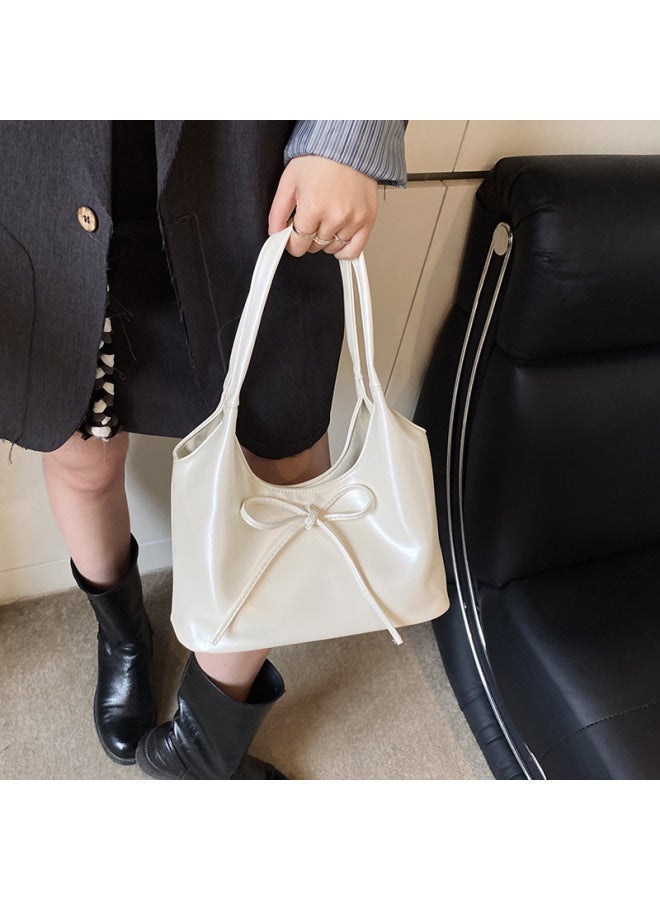 Korean Style Vegetable Basket Tote Bag Women 2025 Spring And Summer Large Capacity Shoulder Bag Niche Bow Handbag-Color:Off-white Small Style - Image 1