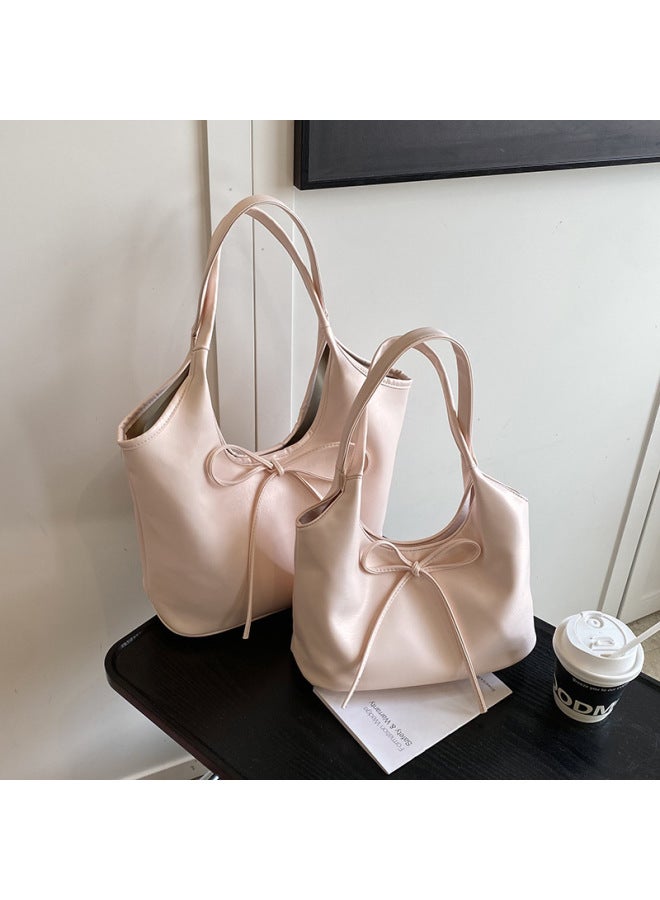 Korean Style Vegetable Basket Tote Bag Women 2025 Spring And Summer Large Capacity Shoulder Bag Niche Bow Handbag-Color:Off-white Small Style - Image 3