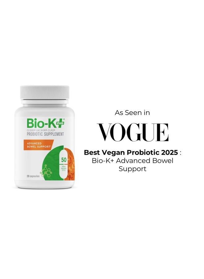 Bio-K Plus Bio-K+ Probiotic Advanced Bowel Support – 50 Billion CFU – Vegan, Gluten-Free, Non-GMO – Supports Digestive Health & Regularity – for Men & Women – 20 Probiotic Capsules - Image 2