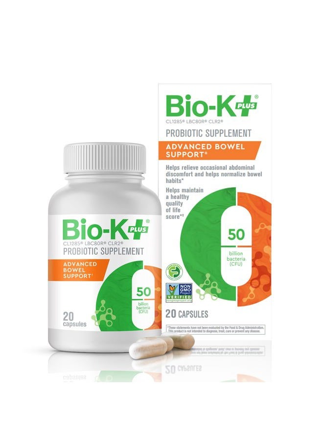 Bio-K Plus Bio-K+ Probiotic Advanced Bowel Support – 50 Billion CFU – Vegan, Gluten-Free, Non-GMO – Supports Digestive Health & Regularity – for Men & Women – 20 Probiotic Capsules - Image 1