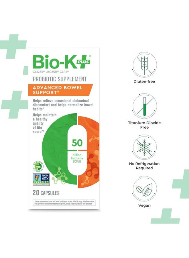 Bio-K Plus Bio-K+ Probiotic Advanced Bowel Support – 50 Billion CFU – Vegan, Gluten-Free, Non-GMO – Supports Digestive Health & Regularity – for Men & Women – 20 Probiotic Capsules - Image 3