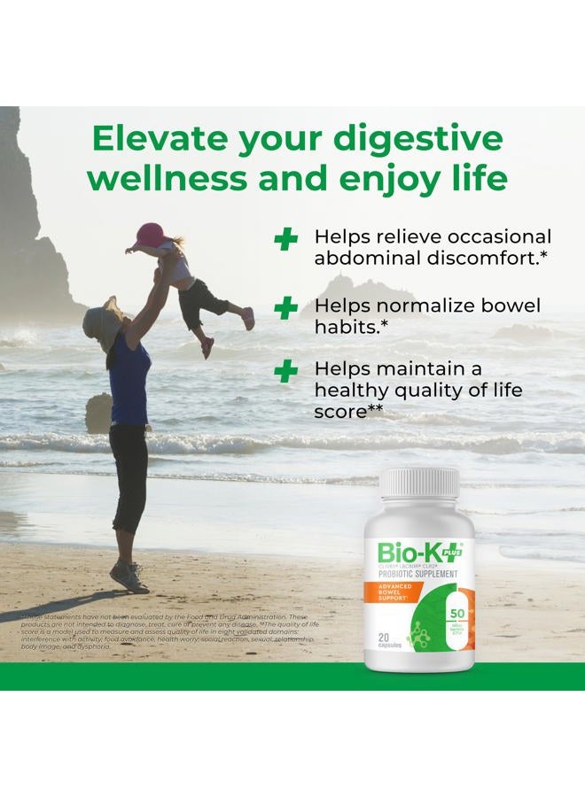 Bio-K Plus Bio-K+ Probiotic Advanced Bowel Support – 50 Billion CFU – Vegan, Gluten-Free, Non-GMO – Supports Digestive Health & Regularity – for Men & Women – 20 Probiotic Capsules - Image 4