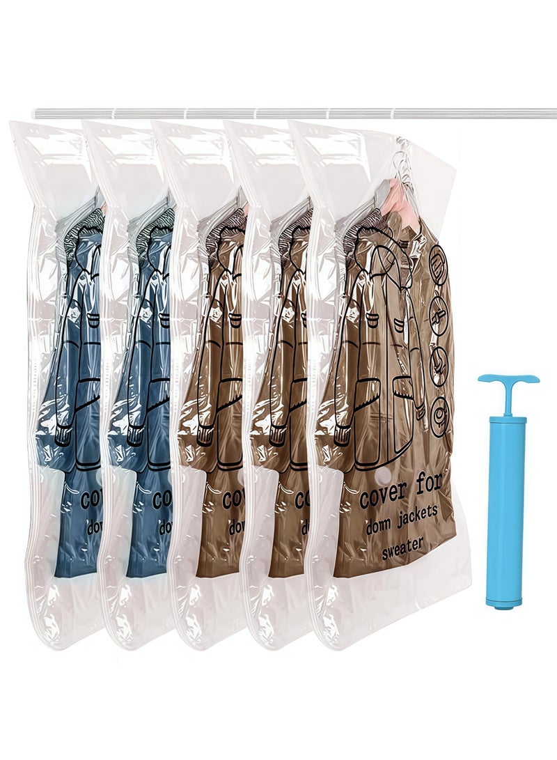 أكياس تخزين مفرغة من الهواء، موفرة للمساحة، طويلة 70×120 سم، أكياس تخزين مفرغة من الهواء للبدلات والفساتين والمعاطف أو السترات، تخزين وتنظيم خزانة الملابس 5 أكياس تخزين ملابس 70×90 سم + مضخة تفريغ مجانية - Image 1