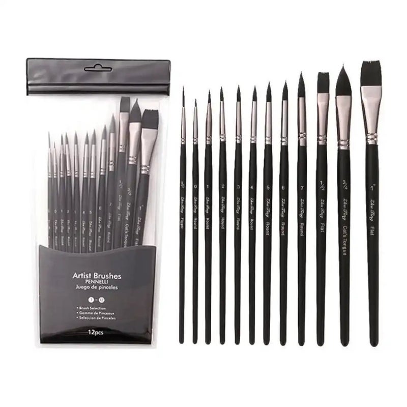 Professional Water Color Painting Brush Different Shapes And Sizes of Synthetic Nylon Brush- 12pcs