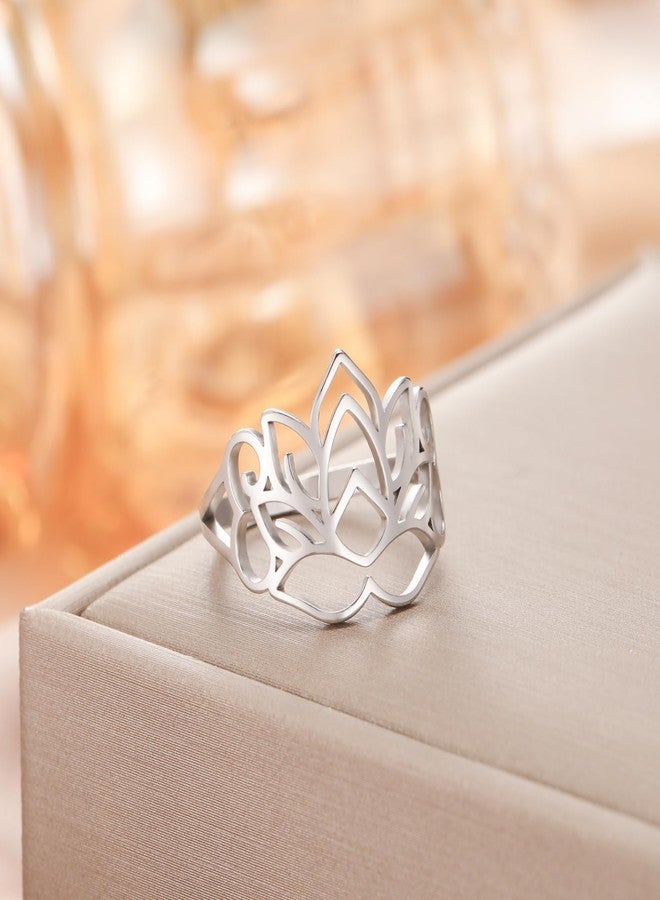 TEAMER Lotus Flower Ring Stainless Steel Filigree Lotus Ring Geometric Yoga Meditation Ring Inspirational Jewelry for Women (Silver, 8) - Image 4