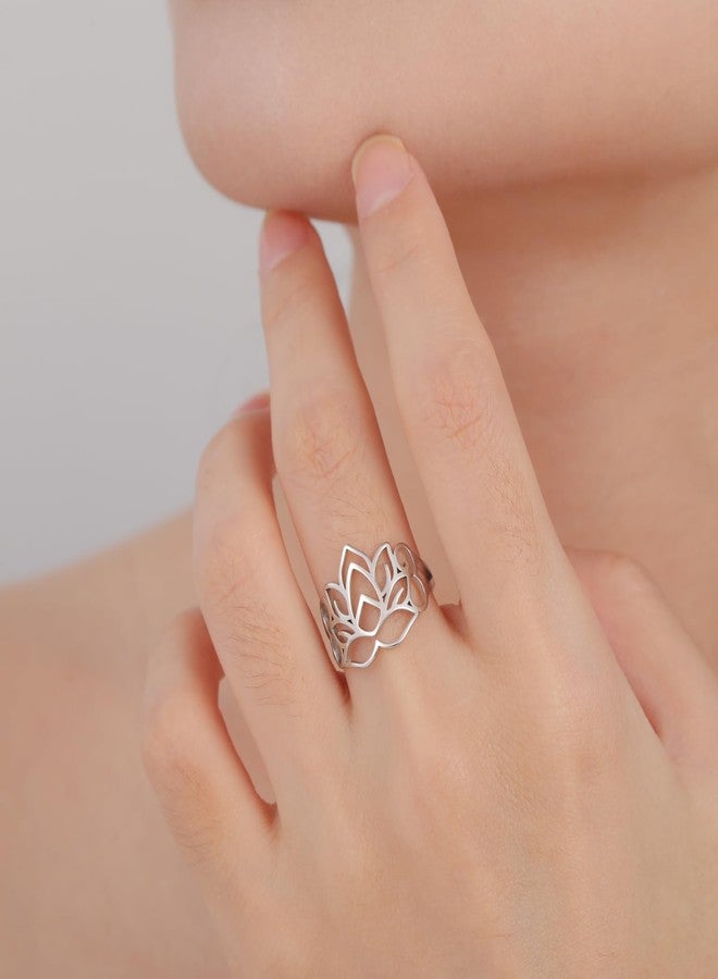TEAMER Lotus Flower Ring Stainless Steel Filigree Lotus Ring Geometric Yoga Meditation Ring Inspirational Jewelry for Women (Silver, 8) - Image 2