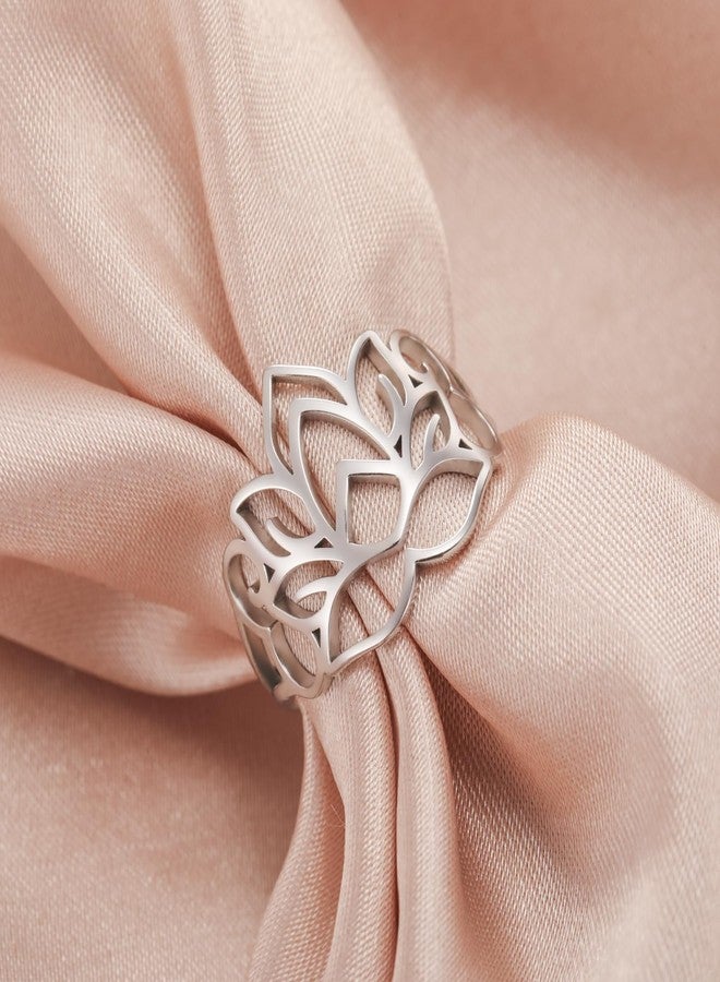TEAMER Lotus Flower Ring Stainless Steel Filigree Lotus Ring Geometric Yoga Meditation Ring Inspirational Jewelry for Women (Silver, 8) - Image 3