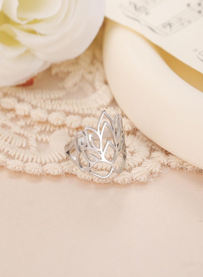 TEAMER Lotus Flower Ring Stainless Steel Filigree Lotus Ring Geometric Yoga Meditation Ring Inspirational Jewelry for Women (Silver, 8) - Image 5