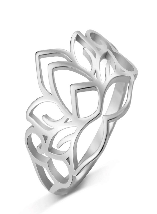 TEAMER Lotus Flower Ring Stainless Steel Filigree Lotus Ring Geometric Yoga Meditation Ring Inspirational Jewelry for Women (Silver, 8) - Image 1