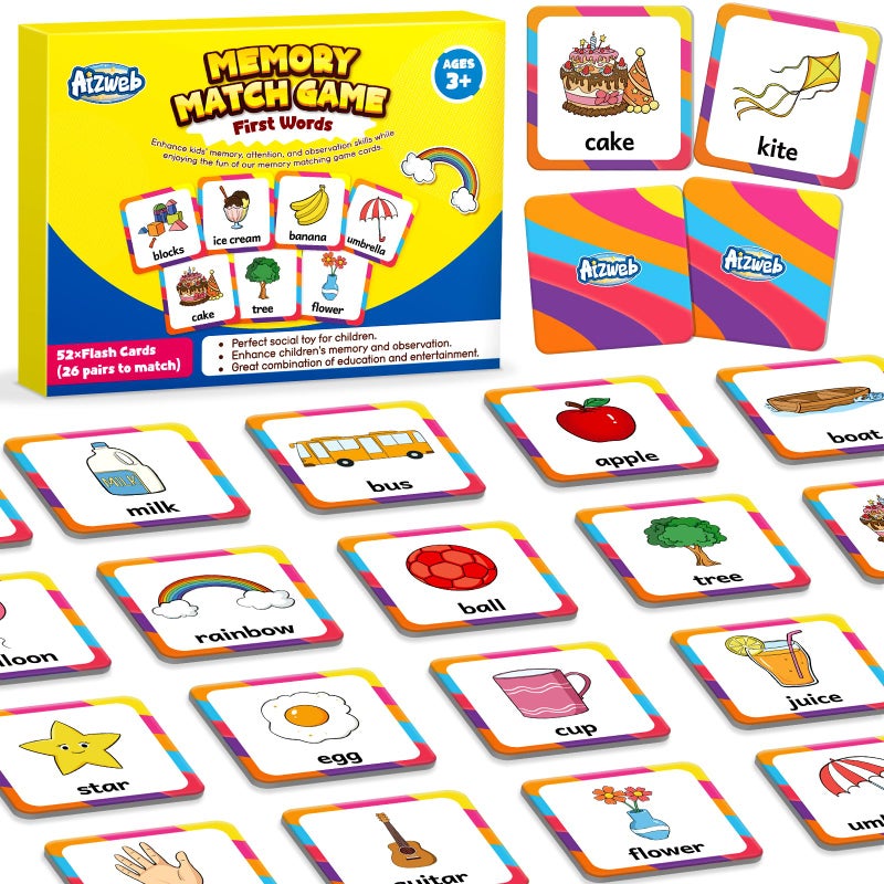 Aizweb First Words Match Game,Memory Game,52 Pcs Toddler Baby Flash Cards,Educational Toys for Pre K Preschool Kindergarten Learning Activities,Speech Therapy Materials Classroom Must Haves - Image 1