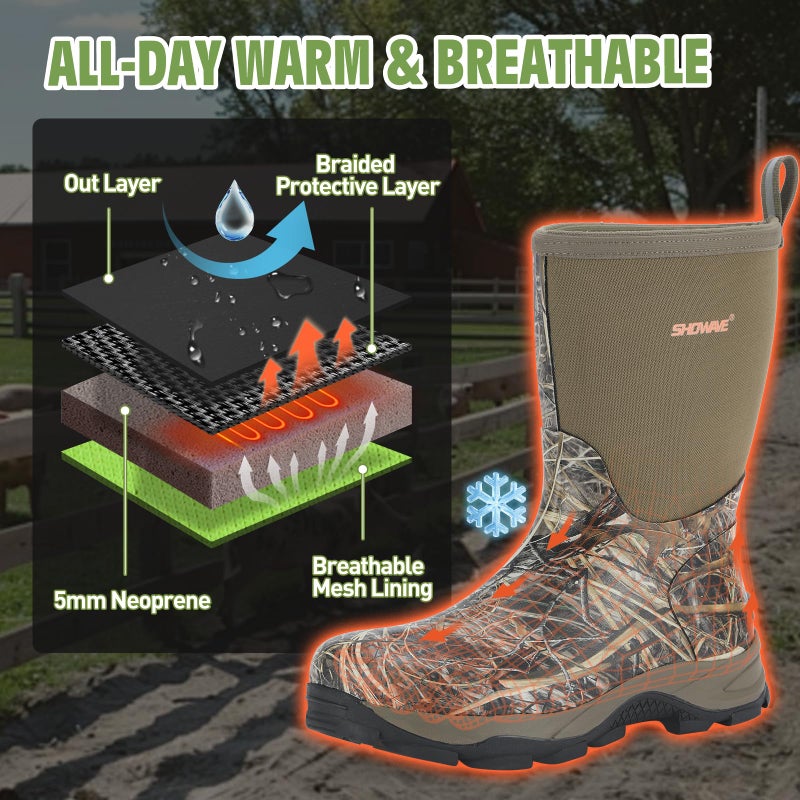Showave Men's Rubber Boots Durable Waterproof Insulated Rain Boot Neoprene Heavy-duty Mud Outdoor Garden Working Hunting Boots(Camo 13) - Image 5