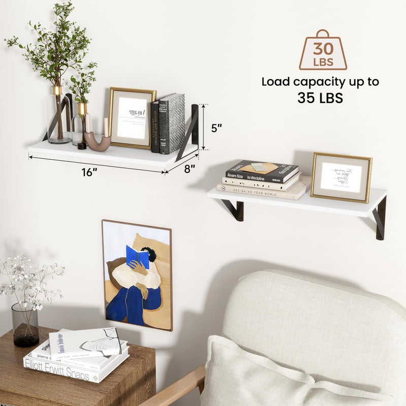Axeman White Floating Shelves for Wall, 16W x 8D Floating Shelves Set of 2, 8'' Deep Wall Shelves for Bookshelf Living Room Bedroom Home Office Bathroom - Image 5