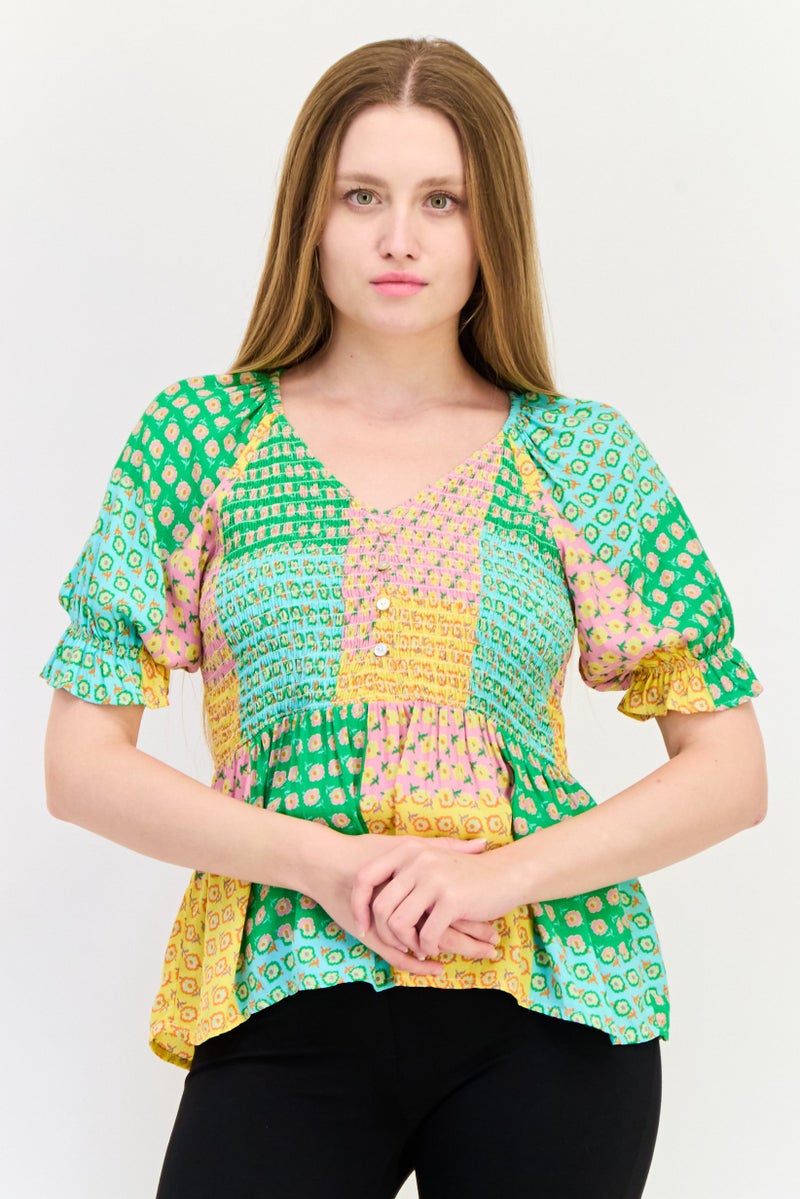 ONLY Women V Neck Short Sleeve Floral Print Blouse, Multicolor  - Image 1