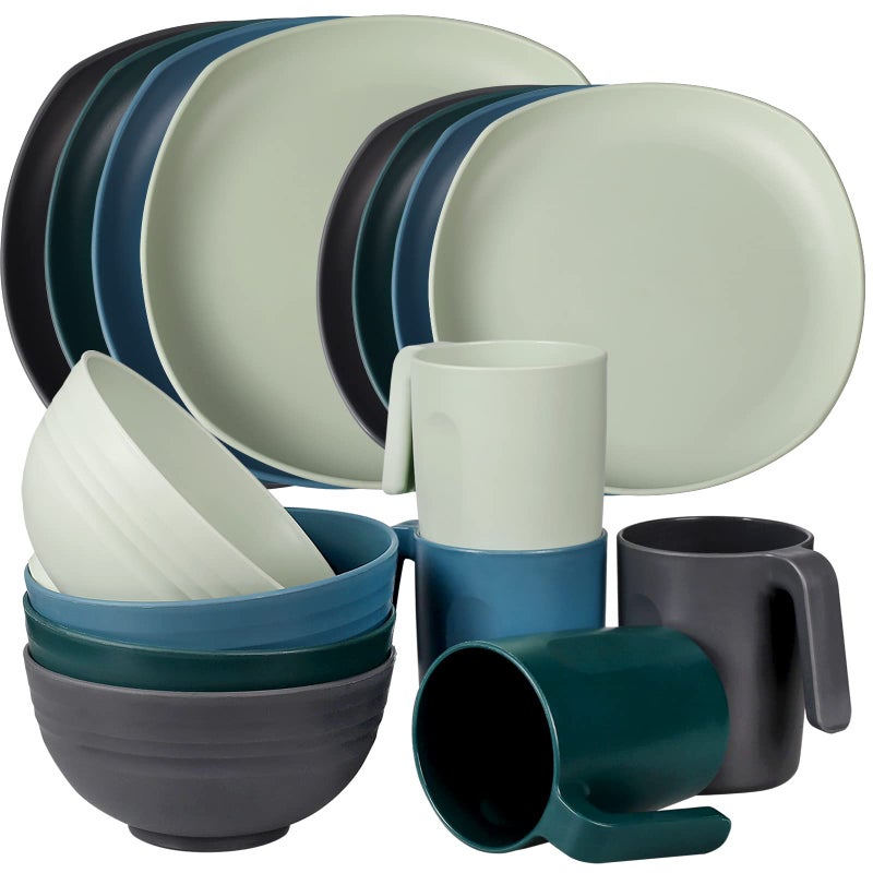 Greentainer Unbreakable Lightweight Dinnerware Sets Plastic Dinner Set 4 Dining Plates 4 Bowls 4 Cups Microwave and Dishwasher Safe Camping Tableware for Kids and Adults Service for 4