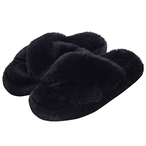 DL Fluffy Womens House Slippers Cross Band Open Toe, Soft Plush Fleece Bedroom Slippers Women Memory Foam, Comfy Fuzzy Slip On Non-Slip Womens Slipper Indoor Pink Gray Black White - Image 1