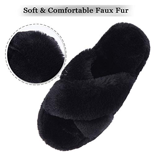 DL Fluffy Womens House Slippers Cross Band Open Toe, Soft Plush Fleece Bedroom Slippers Women Memory Foam, Comfy Fuzzy Slip On Non-Slip Womens Slipper Indoor Pink Gray Black White - Image 2