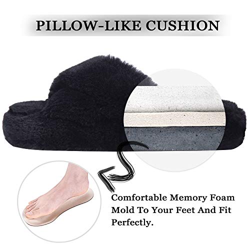 DL Fluffy Womens House Slippers Cross Band Open Toe, Soft Plush Fleece Bedroom Slippers Women Memory Foam, Comfy Fuzzy Slip On Non-Slip Womens Slipper Indoor Pink Gray Black White - Image 4