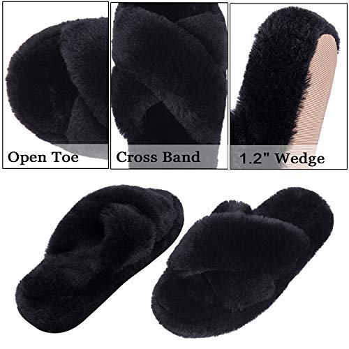 DL Fluffy Womens House Slippers Cross Band Open Toe, Soft Plush Fleece Bedroom Slippers Women Memory Foam, Comfy Fuzzy Slip On Non-Slip Womens Slipper Indoor Pink Gray Black White - Image 3