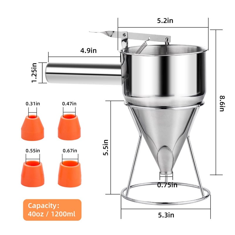 choxila Choxila 40oz Pancake Batter Dispenser, Stainless Steel 4 Caliber Funnel Cake Dispenser with Stand Great for Pancakes, Cupcakes and Baked Goods  - Image 3