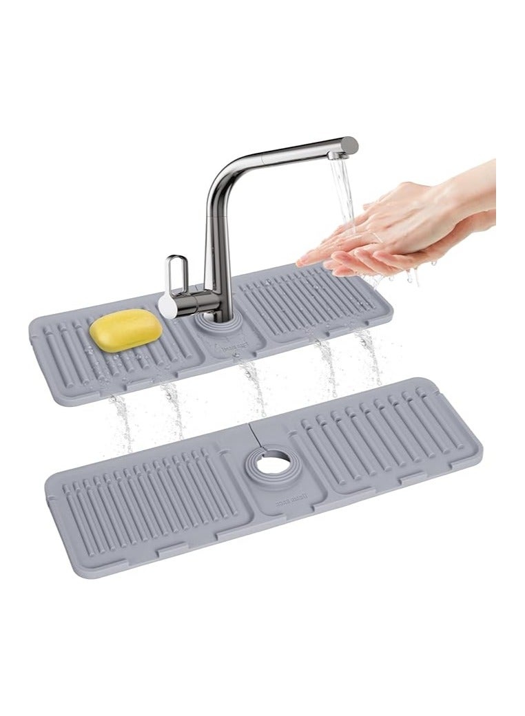 Silicone Kitchen Sink Splash Guard & Faucet Mat – 17.5” x 5.5” Drip Catcher Tray with Sink Sponge Holder, Faucet Handle Protector & Sink Organizer for Kitchen Countertop (Grey)